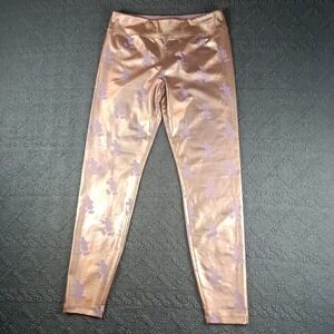 Disney Women's M Mickey Mouse Rose Gold Metallic Shiny Leggings Lavender Print